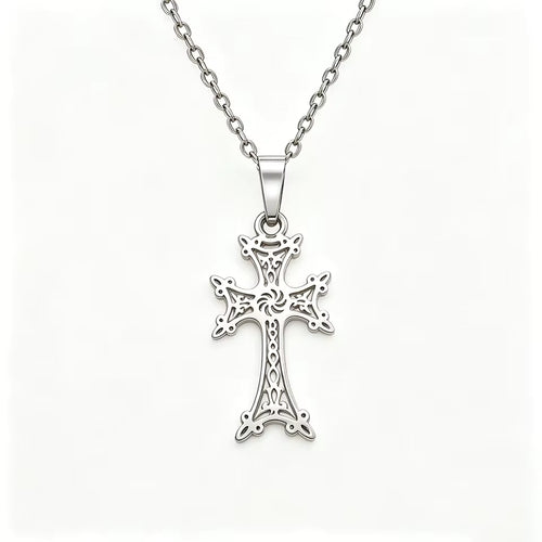 Armenian Cross Necklace, Ornate Openwork Pendant, Silver-Tone