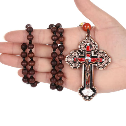 Collier Croix Orthodoxe avec Chapelet en Bois — Pendentif Crucifix Mixte