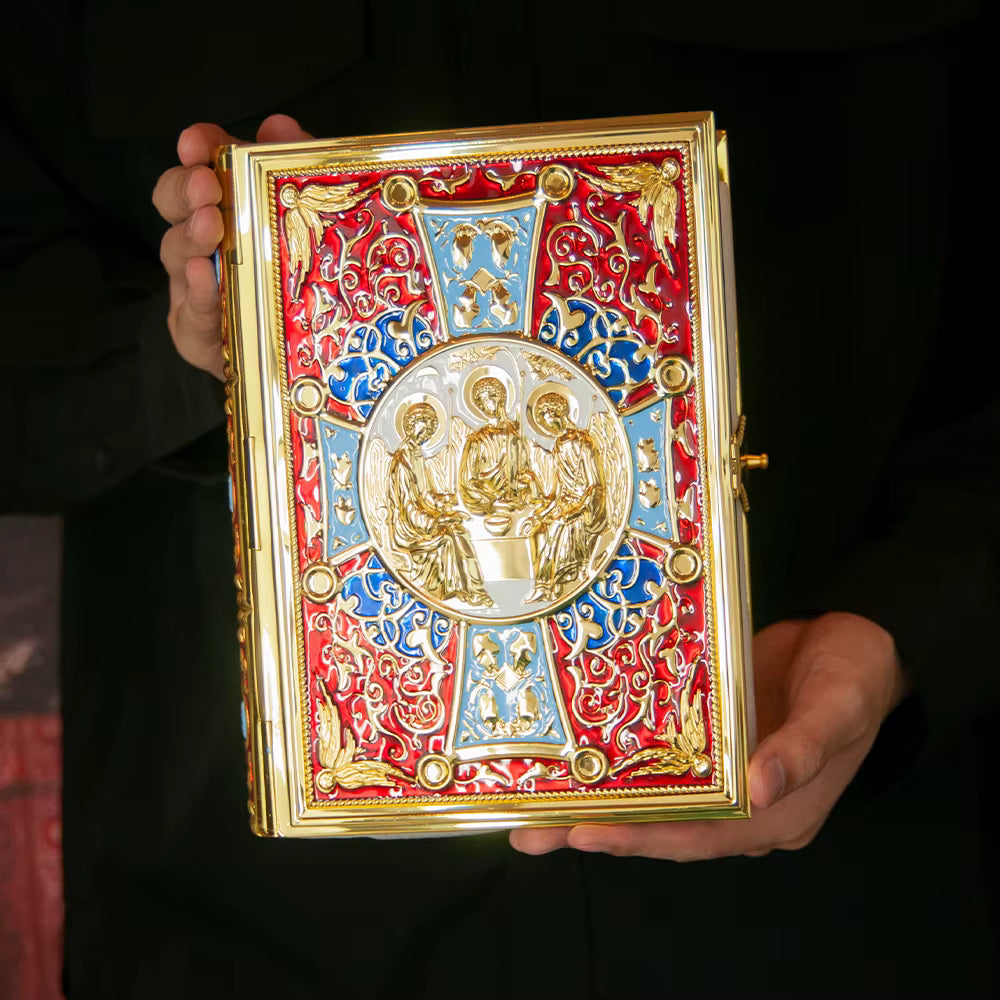 Étui Évangile Orthodoxe Plaqué Or — Icône Trinité en Émail