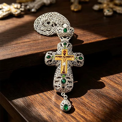 Croix Pectorale Orthodoxe Argentée, Pierres Vertes