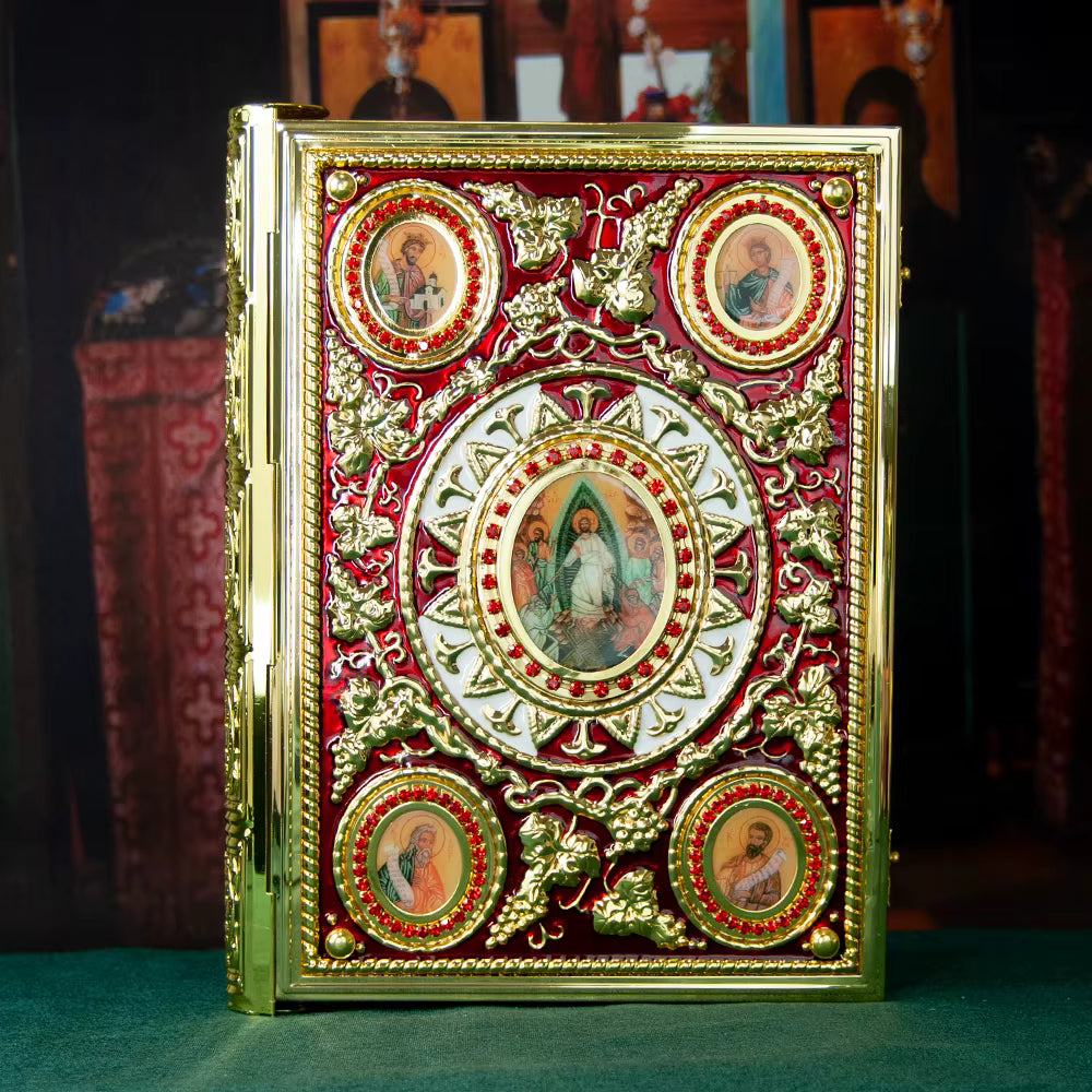Protège-Évangile Orthodoxe Doré avec Icônes Religieuses — Couverture Bible Évêque Plaquée Or