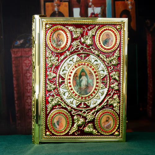 Protège-Évangile Orthodoxe Doré avec Icônes Religieuses — Couverture Bible Évêque Plaquée Or