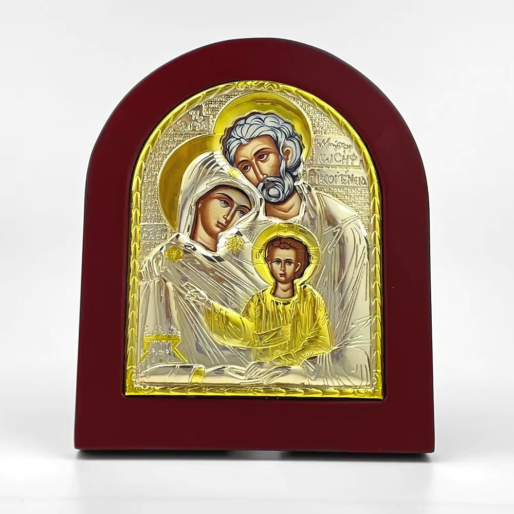 Icône Orthodoxe Grecque Sainte Famille Byzantine — Cadre Bois et Alliage Doré, 19 cm