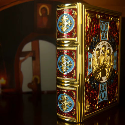 Étui Évangile Orthodoxe Plaqué Or — Icône Trinité en Émail