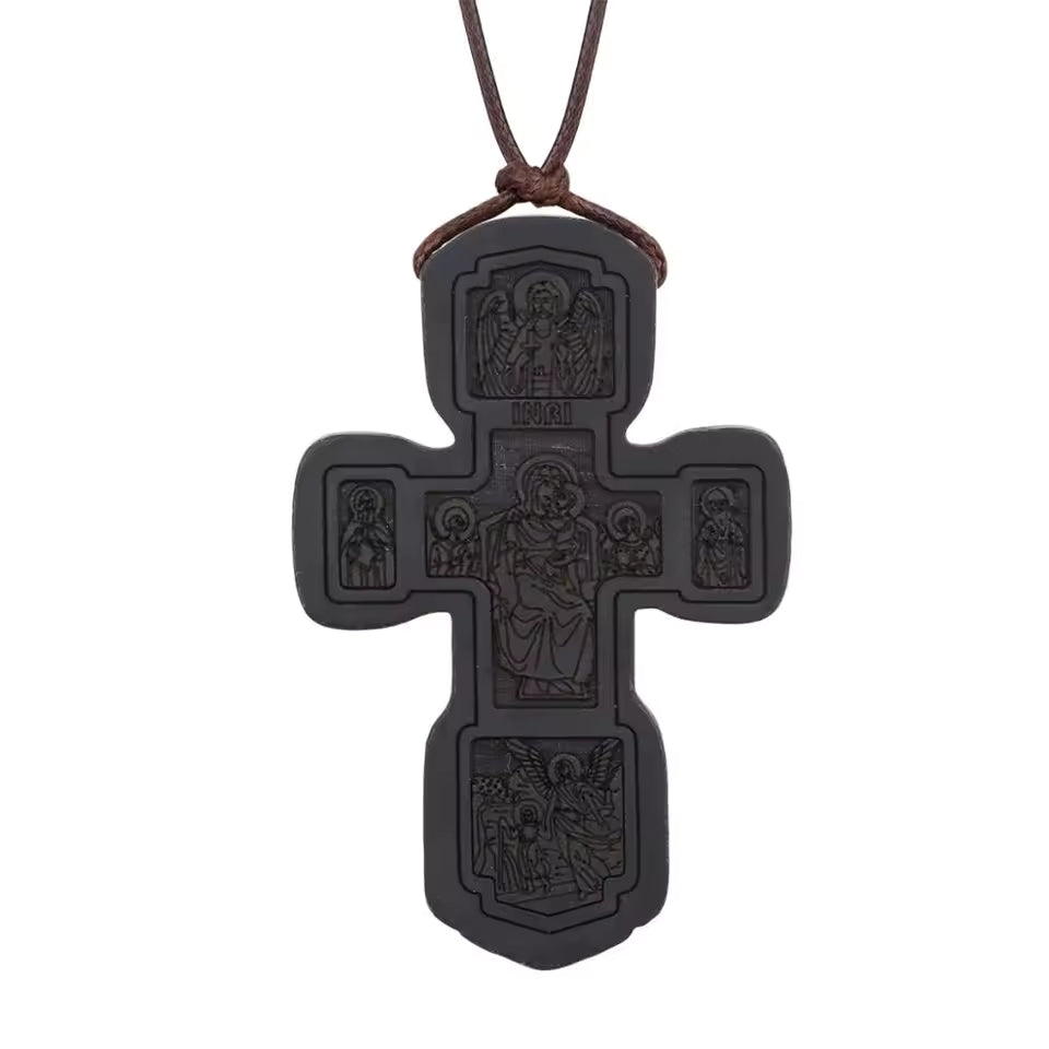 Croix en Bois Orthodoxe — Cordon Cuir Ajustable