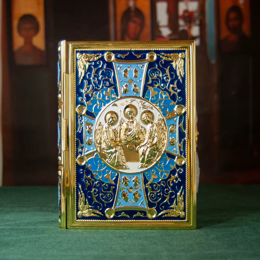 Étui Évangile Orthodoxe Plaqué Or — Icône Trinité en Émail