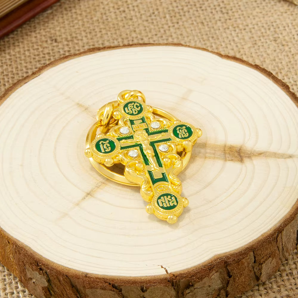 Porte-clés Croix Orthodoxe Plaqué Or — Icône Mini Jésus Crucifix