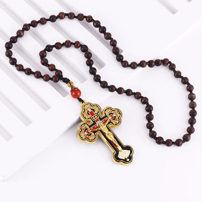 Collier Croix Orthodoxe avec Chapelet en Bois — Pendentif Crucifix Mixte