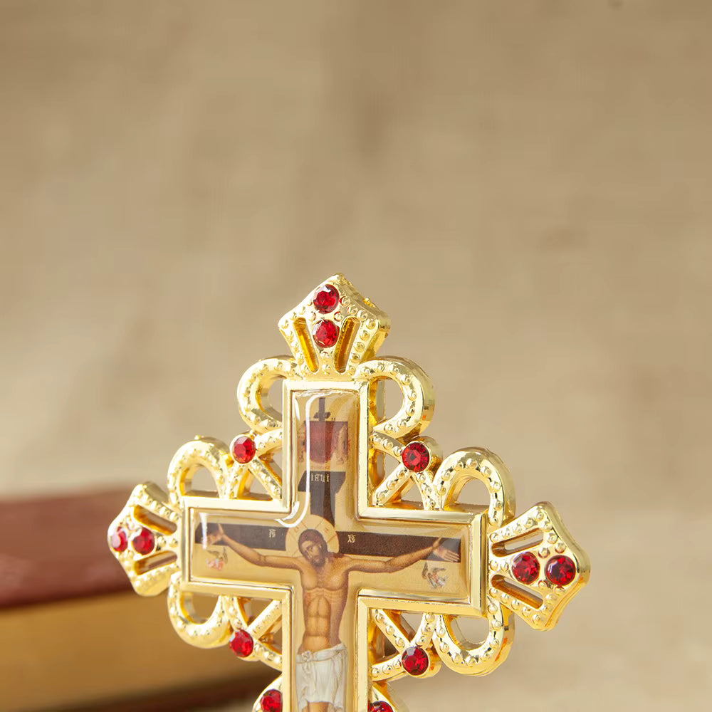 Croix de Table Orthodoxe en Métal avec Pied — Crucifix de Jésus pour Prière