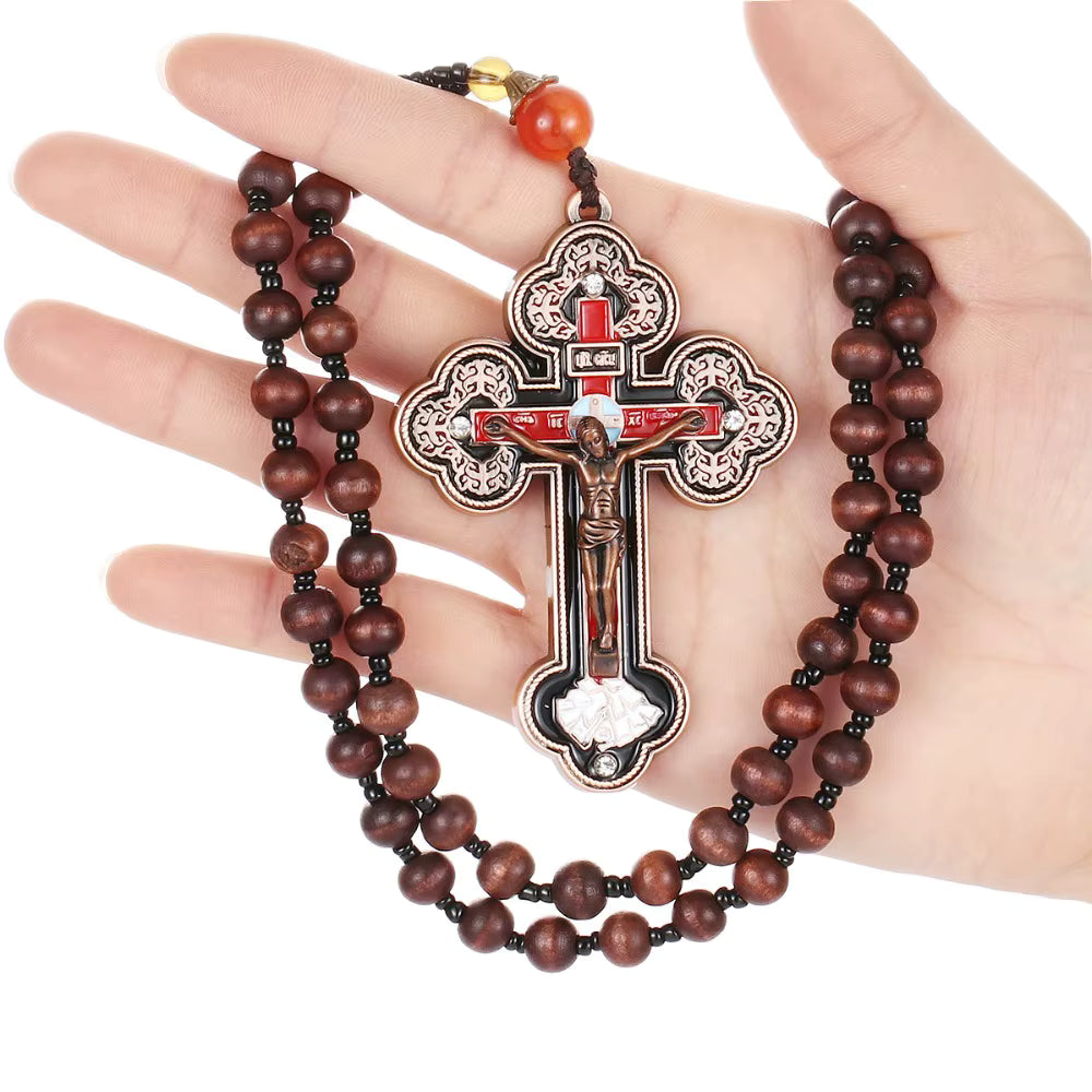 Collier Croix Orthodoxe avec Chapelet en Bois — Pendentif Crucifix Mixte