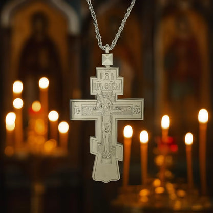 Collier Croix Orthodoxe Orientale avec Crucifix — Pendentif Plaqué Or ou Argent pour Homme