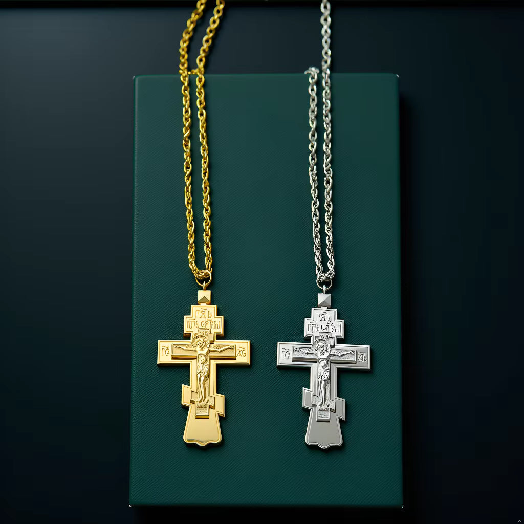 Collier Croix Orthodoxe Orientale avec Crucifix — Pendentif Plaqué Or ou Argent pour Homme