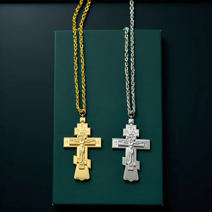 Collier Croix Orthodoxe Orientale avec Crucifix — Pendentif Plaqué Or ou Argent pour Homme