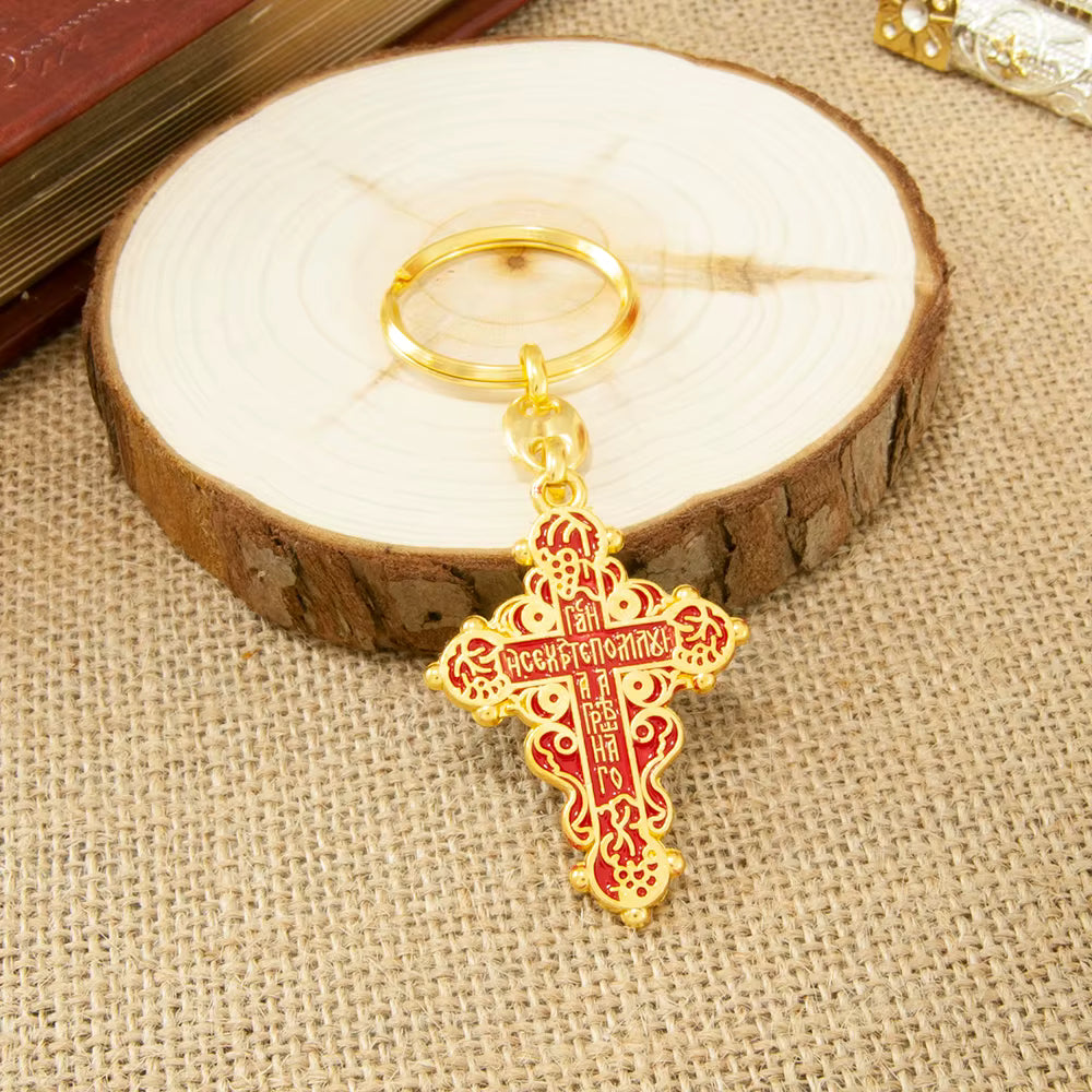 Porte-clés Croix Orthodoxe Plaqué Or — Icône Mini Jésus Crucifix