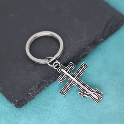 Porte-clés Croix Orthodoxe Russe en Acier Inoxydable Argent Antique