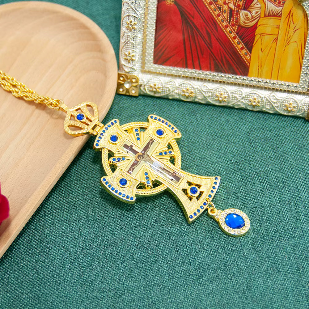 Croix Pectorale Russe Plaquée Or avec Pierre Rouge — Collier Prêtre Orthodoxe