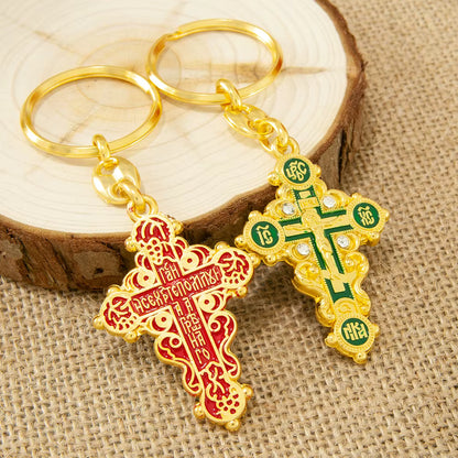 Porte-clés Croix Orthodoxe Plaqué Or — Icône Mini Jésus Crucifix