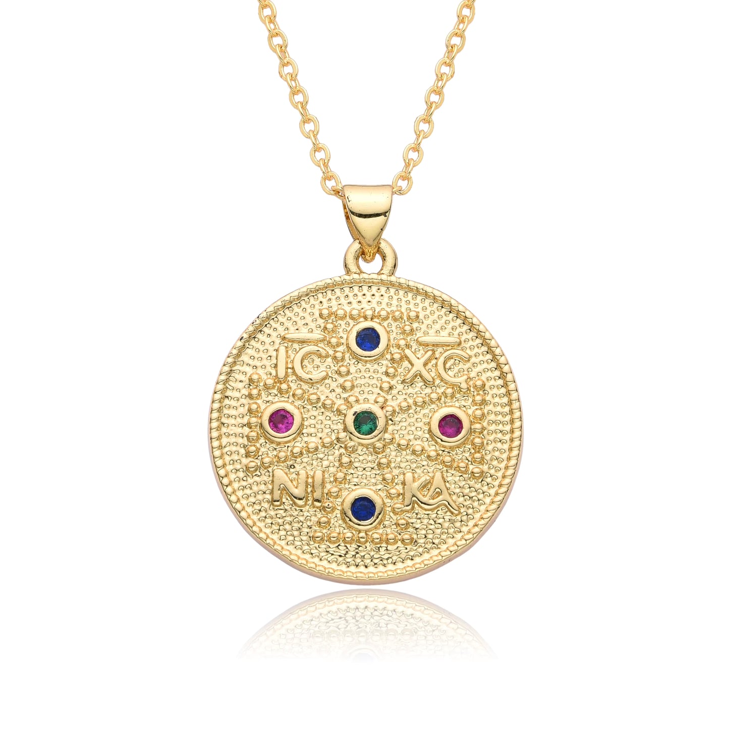 Médaillon "IC XC NIKA" Zircons Colorés, Plaqué Or