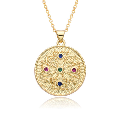 Médaillon "IC XC NIKA" Zircons Colorés, Plaqué Or
