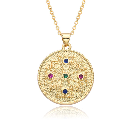 Médaillon "IC XC NIKA" Zircons Colorés, Plaqué Or