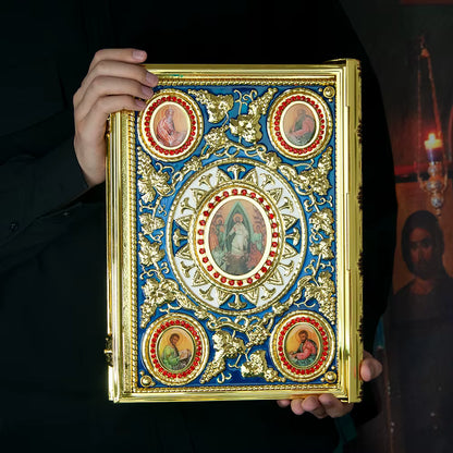 Protège-Évangile Orthodoxe Doré avec Icônes Religieuses — Couverture Bible Évêque Plaquée Or