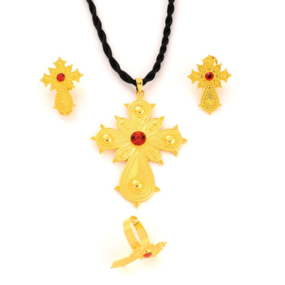 Parure Croce Etiope Habesha — Collana, Orecchini e Anello Color Oro