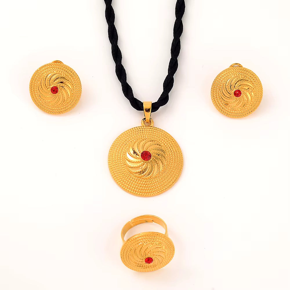 Parure Médaillon Éthiopien Habesha — Collier, Boucles d'Oreilles et Bague Couleur Or