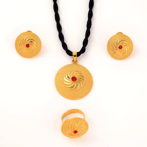 Parure Médaillon Éthiopien Habesha — Collier, Boucles d'Oreilles et Bague Couleur Or