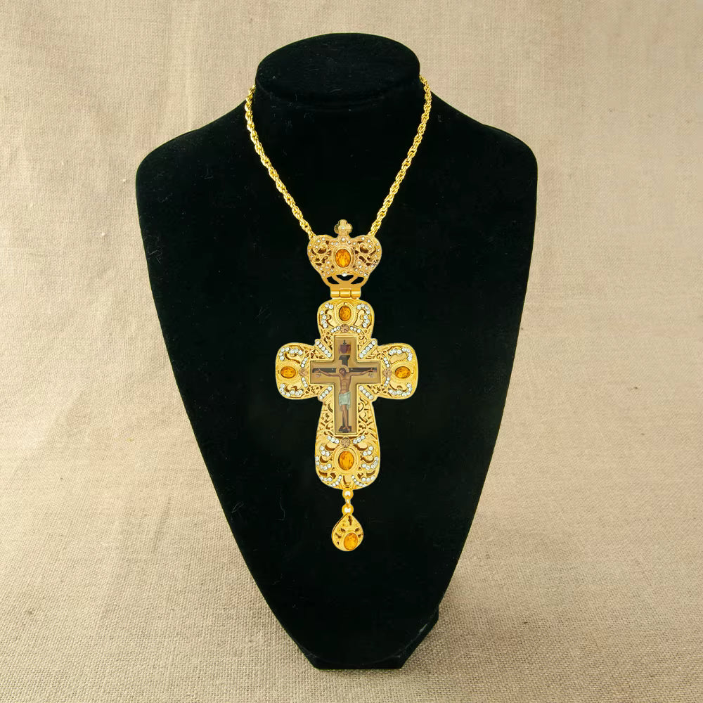 Croix Pectorale Orthodoxe Grecque Dorée avec Crucifix — Collier pour Prêtre ou Évêque