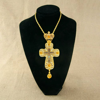 Croix Pectorale Orthodoxe Grecque Dorée avec Crucifix — Collier pour Prêtre ou Évêque