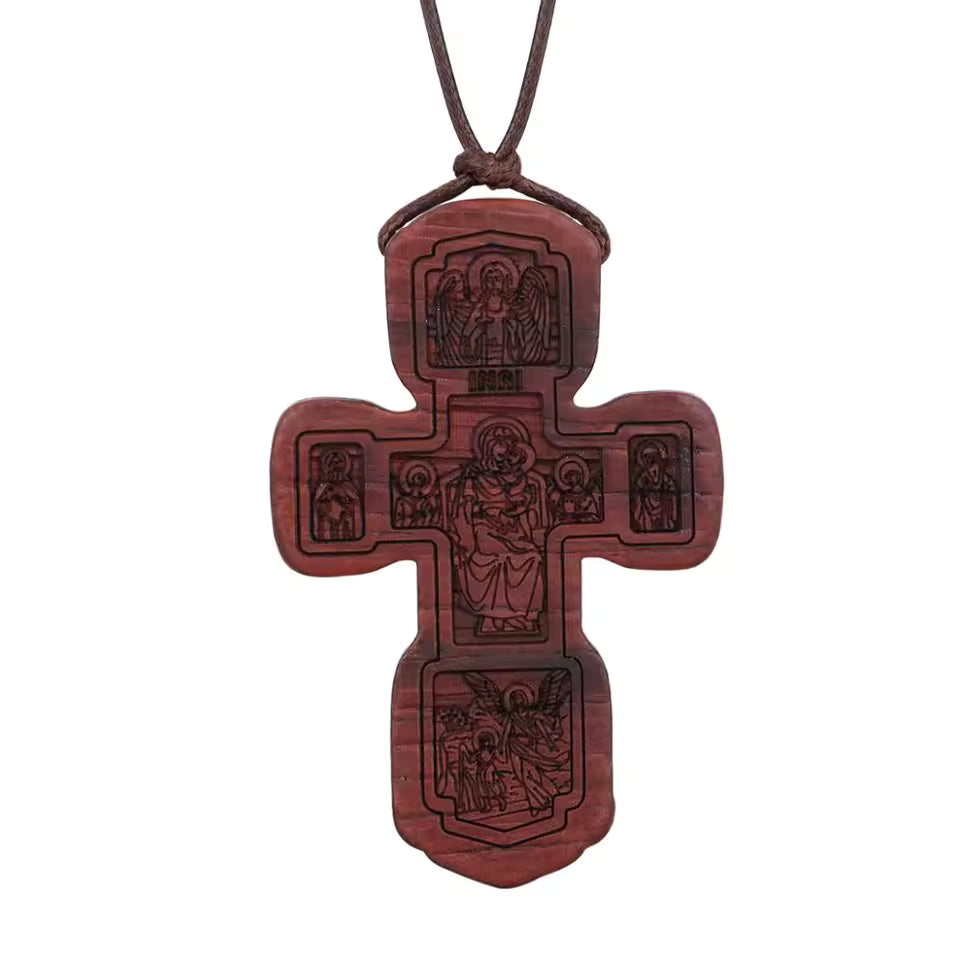 Croix en Bois Orthodoxe — Cordon Cuir Ajustable