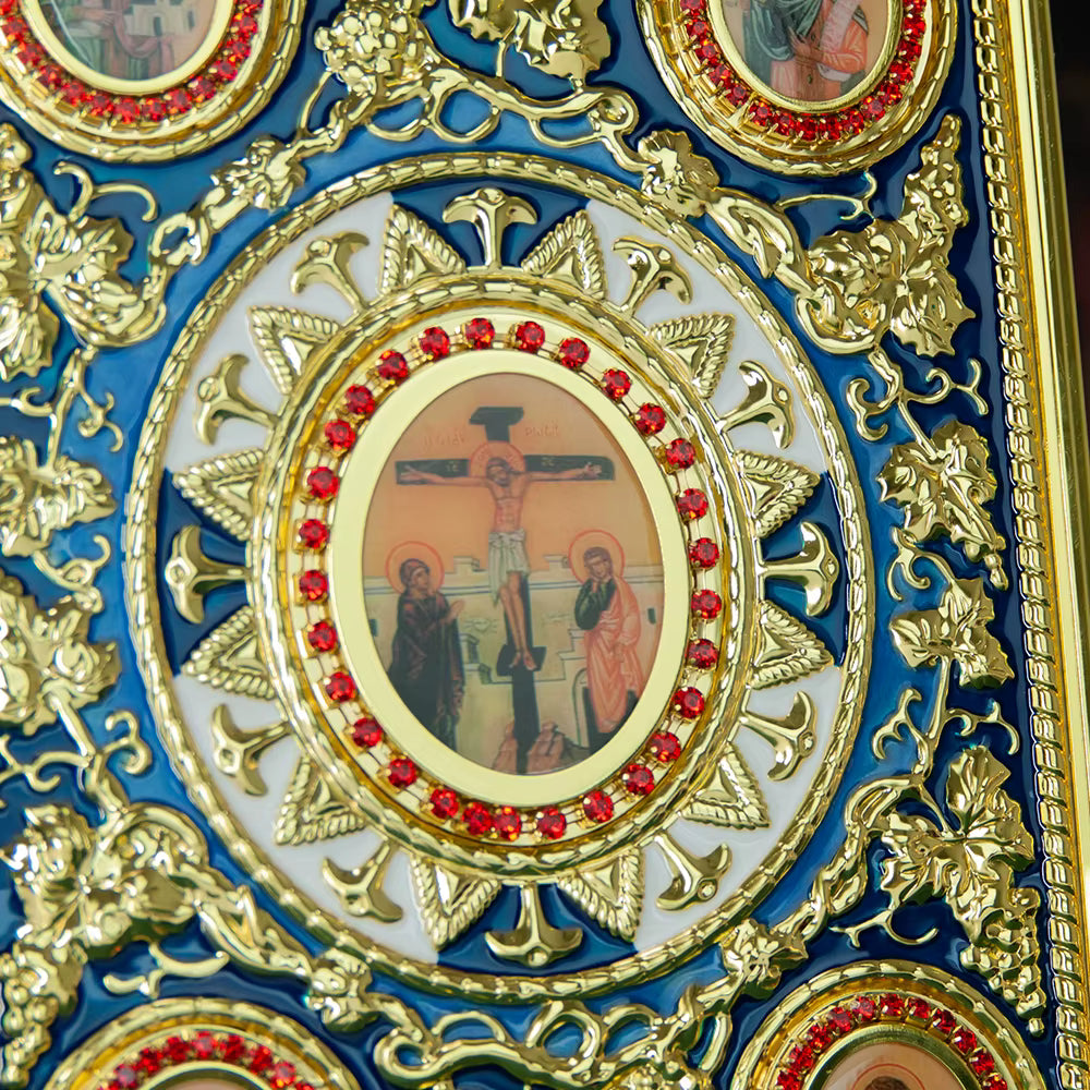 Protège-Évangile Orthodoxe Doré avec Icônes Religieuses — Couverture Bible Évêque Plaquée Or