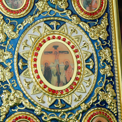 Protège-Évangile Orthodoxe Doré avec Icônes Religieuses — Couverture Bible Évêque Plaquée Or
