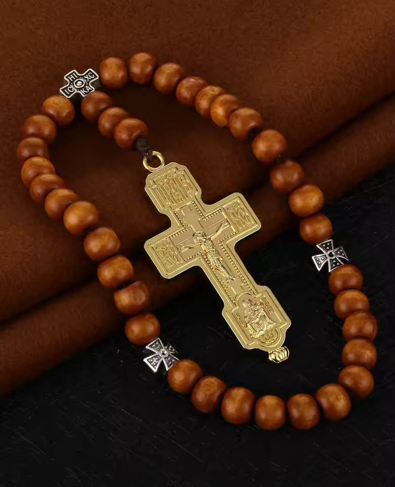 Chapelet de Poche Pietà — Croix Orthodoxe en Bois, 33 Perles de Prière