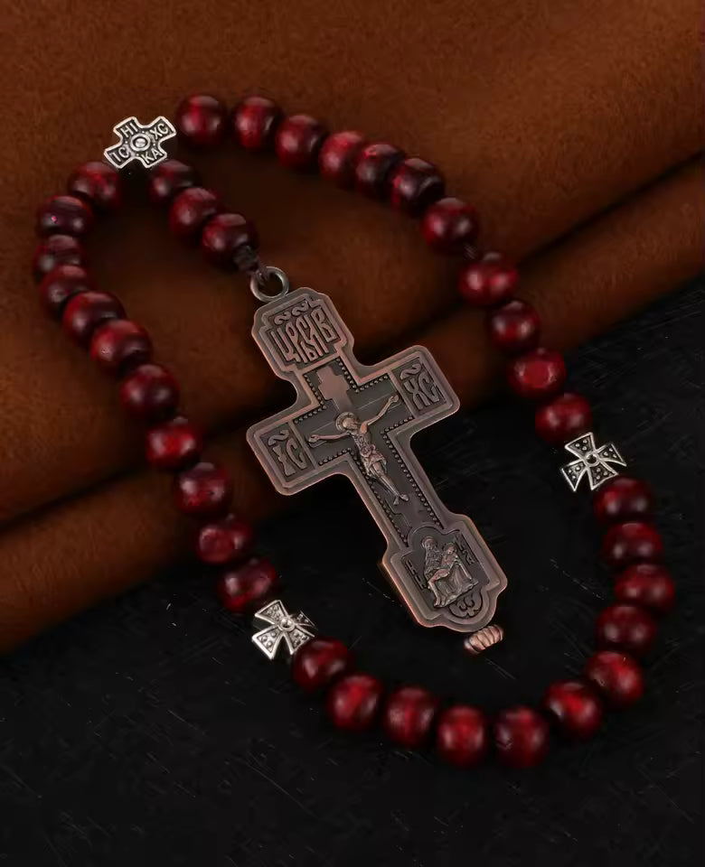 Chapelet de Poche Pietà — Croix Orthodoxe en Bois, 33 Perles de Prière
