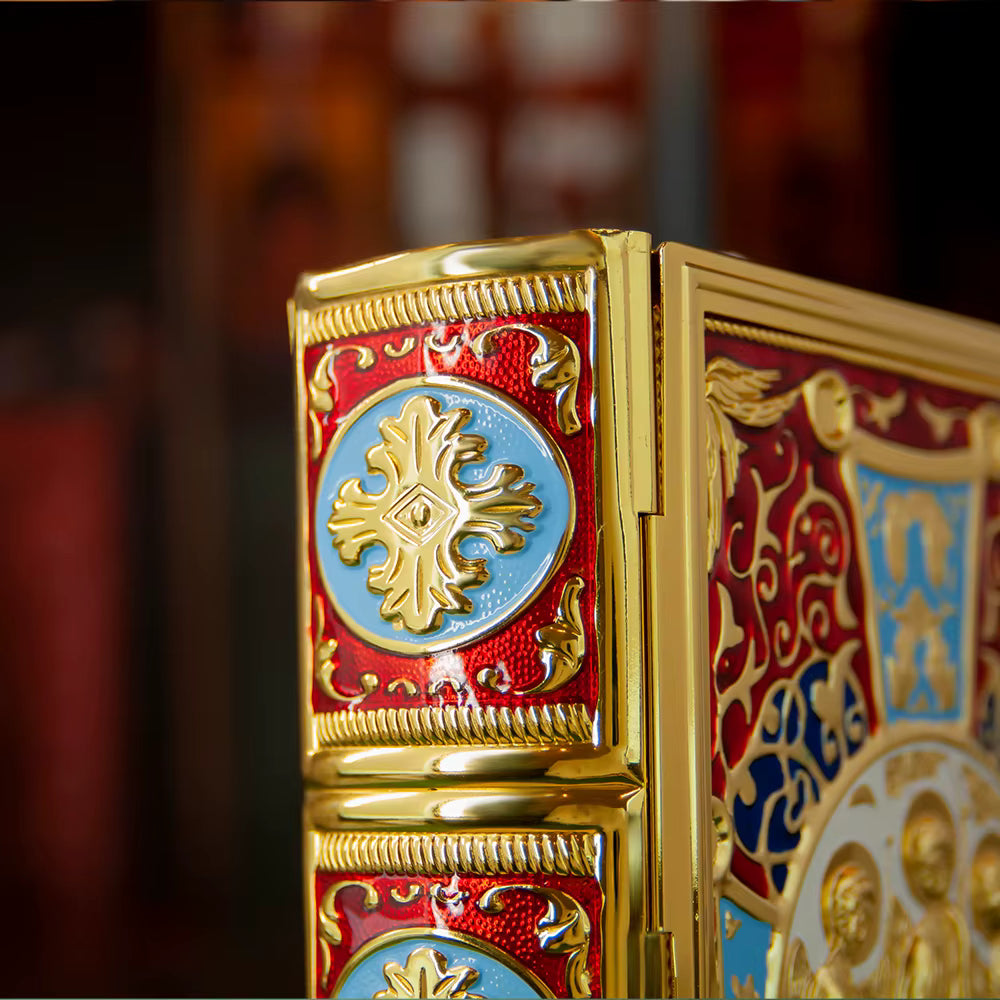 Étui Évangile Orthodoxe Plaqué Or — Icône Trinité en Émail