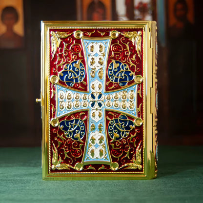 Étui Évangile Orthodoxe Plaqué Or — Icône Trinité en Émail
