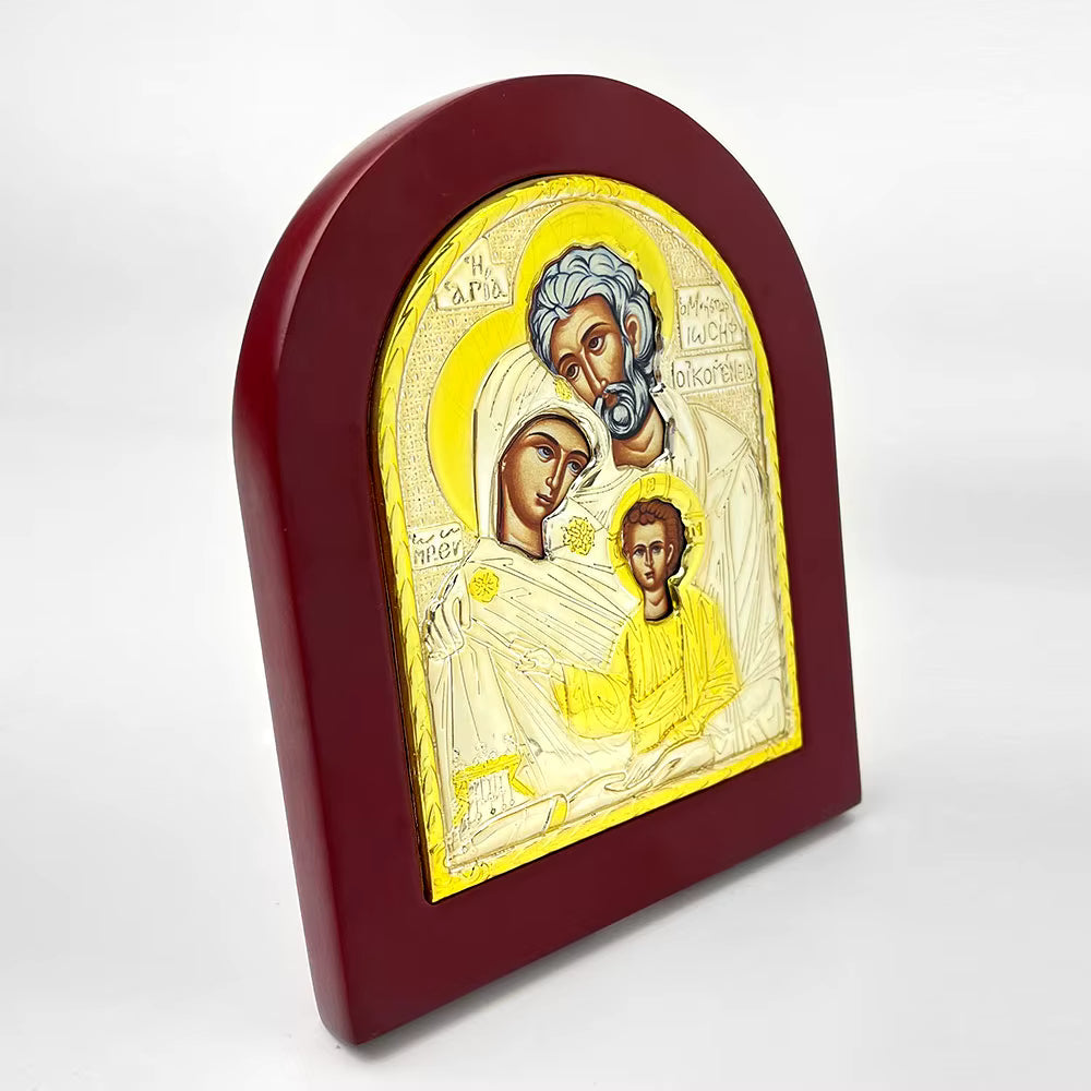 Icône Orthodoxe Grecque Sainte Famille Byzantine — Cadre Bois et Alliage Doré, 19 cm