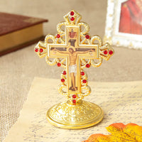 Croix de Table Orthodoxe en Métal avec Pied — Crucifix de Jésus pour Prière