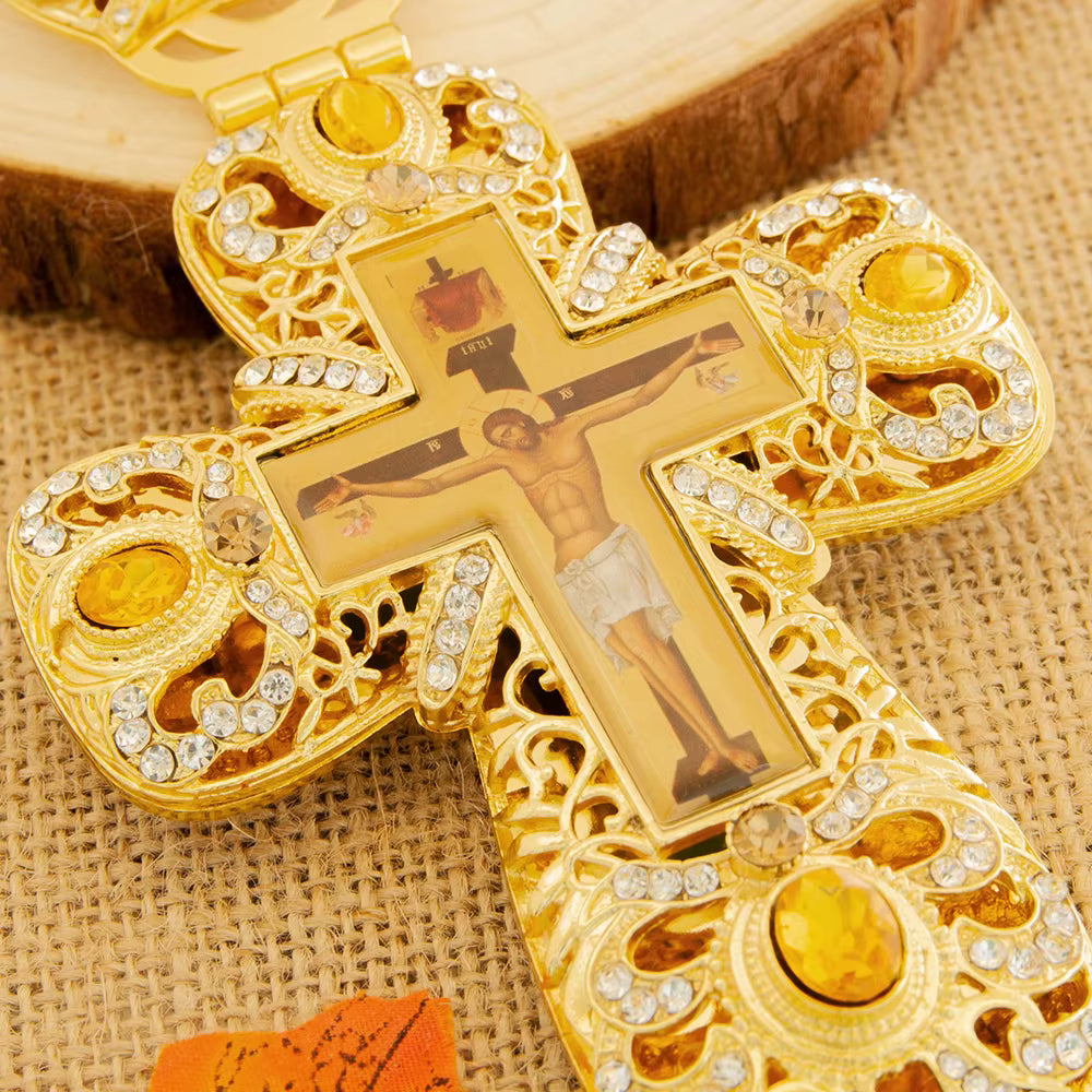 Croix Pectorale Orthodoxe Grecque Dorée avec Crucifix — Collier pour Prêtre ou Évêque