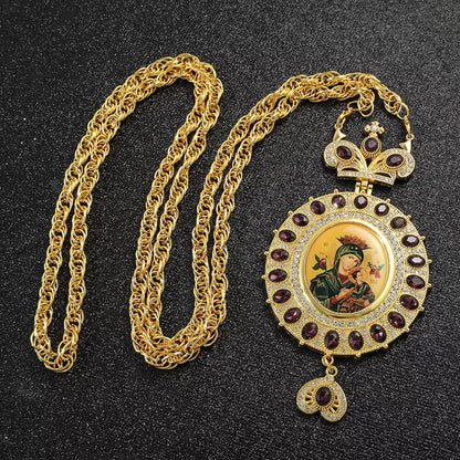 Icon Medallion Pendant of the Virgin Mary — Gold-Tone with Stones