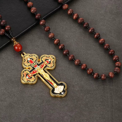 Collier Croix Orthodoxe avec Chapelet en Bois — Pendentif Crucifix Mixte