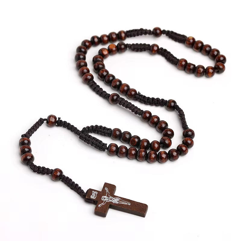 Chapelet Orthodoxe en Bois — Collier Unisexe avec Pendentif Croix du Christ