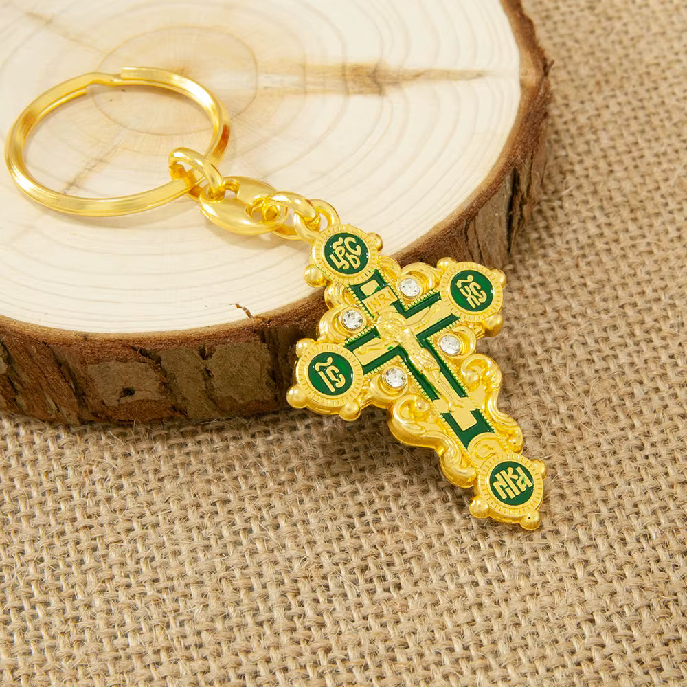 Porte-clés Croix Orthodoxe Plaqué Or — Icône Mini Jésus Crucifix