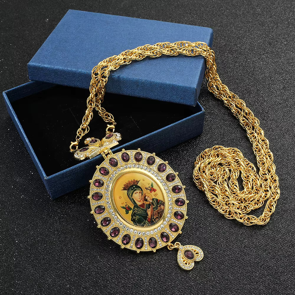 Icon Medallion Pendant of the Virgin Mary — Gold-Tone with Stones