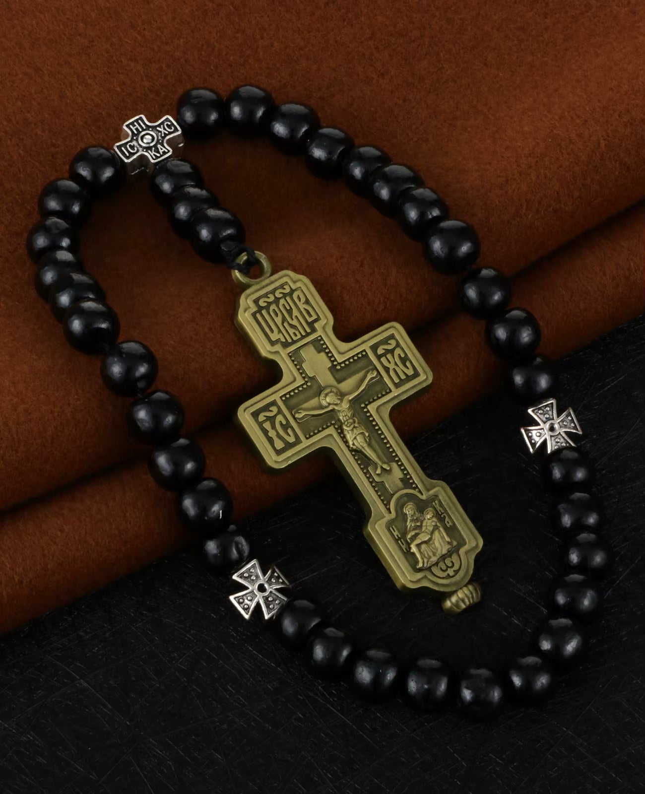 Chapelet de Poche Pietà — Croix Orthodoxe en Bois, 33 Perles de Prière