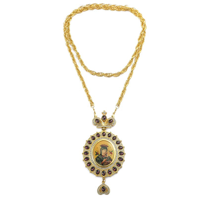 Icon Medallion Pendant of the Virgin Mary — Gold-Tone with Stones