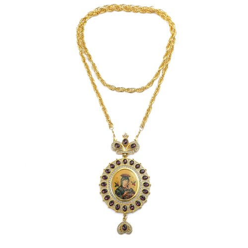 Icon Medallion Pendant of the Virgin Mary — Gold-Tone with Stones
