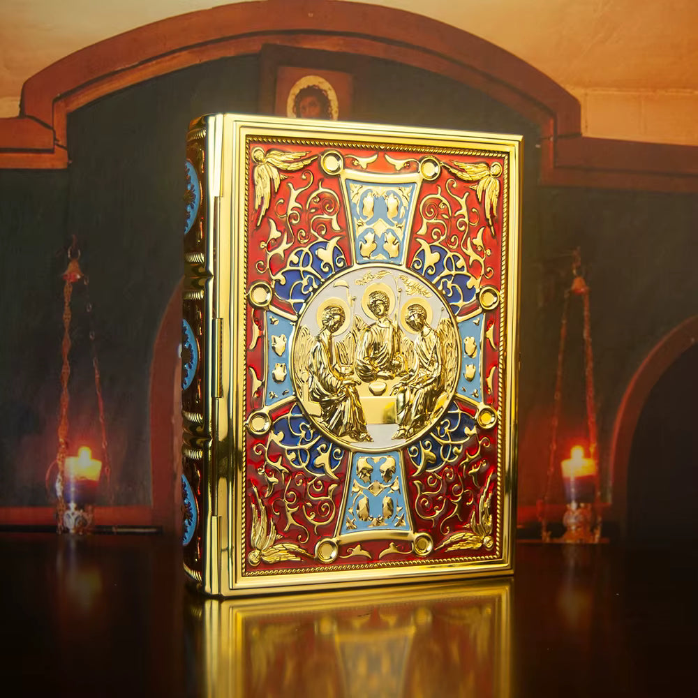 Étui Évangile Orthodoxe Plaqué Or — Icône Trinité en Émail