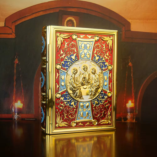 Étui Évangile Orthodoxe Plaqué Or — Icône Trinité en Émail